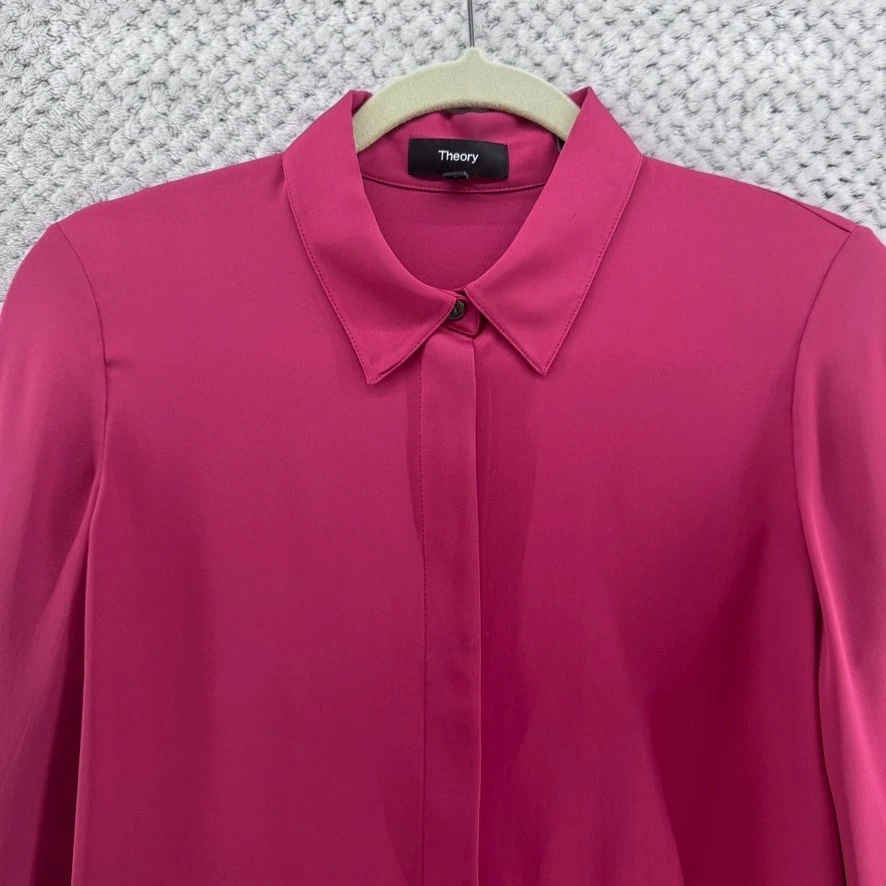 Theory Top Womens S Pink Magenta Silk Button Front Shirt Collared Career Money - Image 3 of 4