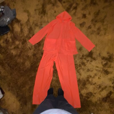 Bright Orange Rain Pants And Jacket With Detachable Hood. 2 Side Pockets. Zip Up