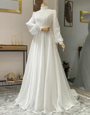 Muslim Wedding Dresses A-line Tulle High Neck Long Sleeves Beads Lace BridalGown