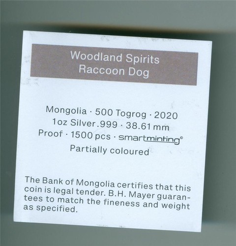 MONGOLIA 2020 500 TUG WOODLAND SPIRITS-RACCOON DOG 1 OZ .999 SILVER PCGS PR-69DC - Picture 3 of 3