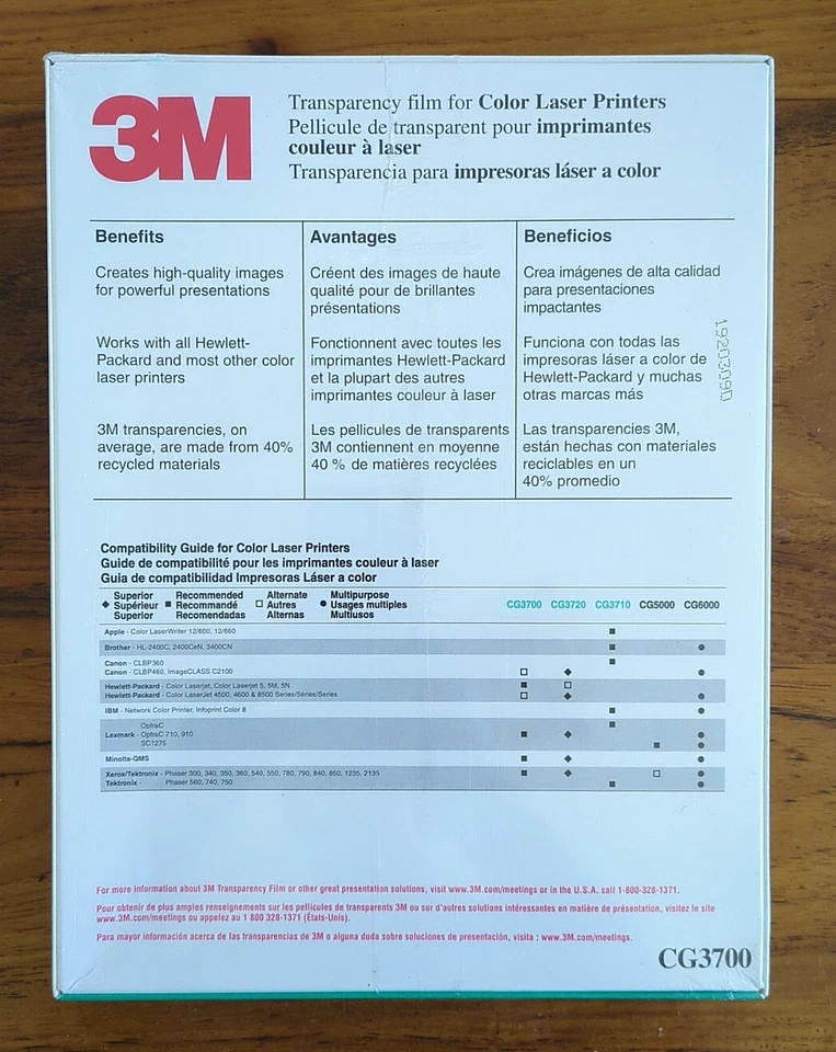 3M Transparency Film Color Laser Printers CG3700 50 Sheets NEW SEALED projector - Image 2 of 2