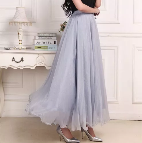 Damen Lange Röcke Hohe Taille Weiß Chiffon Sommer Boho Maxirock Strand Volant - Bild 3 von 40