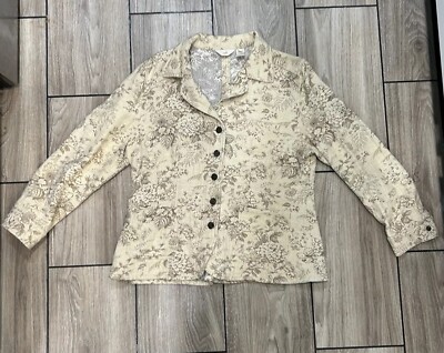 J Jill Womens Blazer Large Beige Floral Cottagecore Button Tapestry Boho Neutral