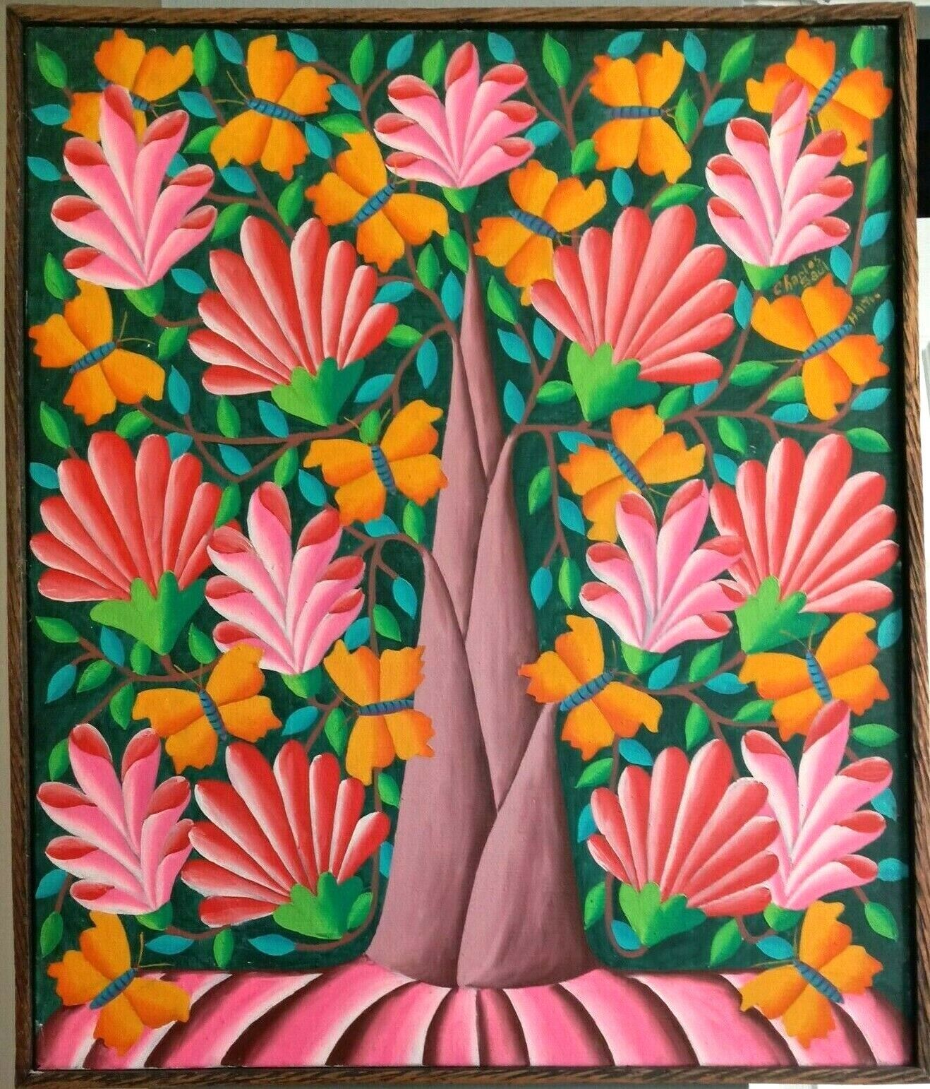 ORIGINAL PAINTING HAITIAN ART SAUL CHARLES HAITI TREE OF LIFE WITH PINK FLOWERS