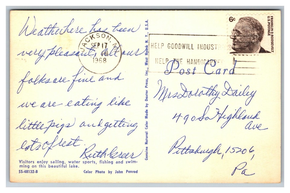 Jackson, MI Michigan, Sailing, Water Sports, Fishing, Swim, Postcard