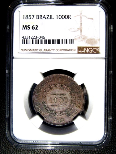 1857 Brazil 1000 Reis, NGC MS 62, 2 Finer @ NGC, 046