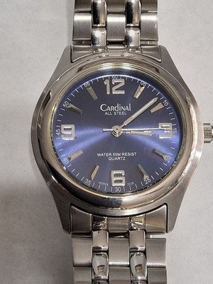 Vintage wristwatch CARDINAL all steel blue dial silver tone band