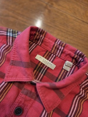 BURBERRY BRIT COTTON RED NOVA PATTERN BLACK LOGO LONG SLEEVE BUTTONS SHIRT sz L