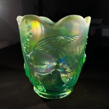 Fenton 1995 Museum Collection Atlantis Vase Green Opalescet Iridized Koi Fish