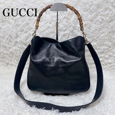 GUCCI Borsa a tracolla in pelle con manico in bambù 2 vie nera grande vintage...