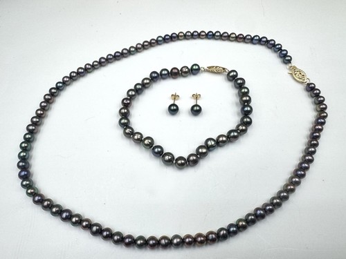 16” TAHITIAN PEACOCK GREEN PEARL NECKLACE Bracelet Earrings Solid 14k Gold Set - Picture 6 of 12