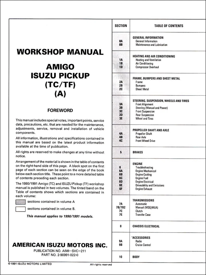 1990-1991 Isuzu Amigo and Pickup Shop Manual Set Original Repair Service Books - Image 2 of 2