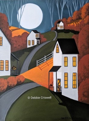 ORIGINAL Painting 16x12 Folk Art Landscape Halloween Goofy Black Cat JOL Pumpkin