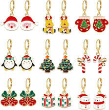 9 Pairs Christmas Hoop Earrings Women Holiday Xmas Tree Santa Snowflake Jewelry