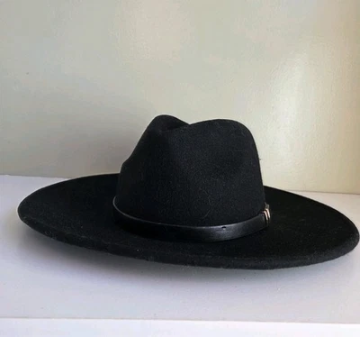 House of Harlow 1960 Black Wool Felt Wide Brim Fedora Hat One Size - Imagen 1 de 4