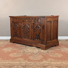 Antique Gothic Revival Oak Chest Trunk Carved Panels & Iron Hinges
