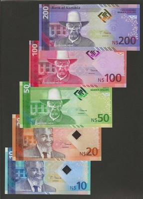 NAMIBIA $10 20 50 100 200 Dollars 2025, P-20a 21a 22a 23a 24a Complete Set, UNC.