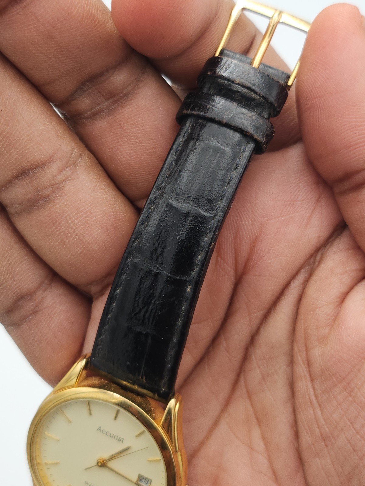Accurist Quartz Date Cream Dial Gold Tone Stainless Steel Black Leather Watch image 7