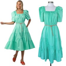 CROSBY by Mollie Burch Lena Tiered Midi Dress XS Puff Sleeve Square Neck Blue