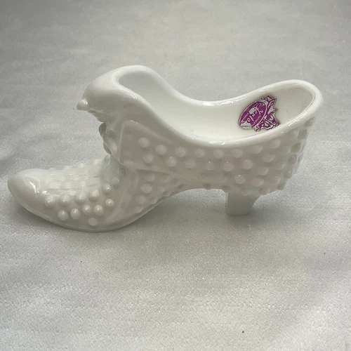 Vintage Fenton Art Milk Glass Decorative Cat Head Hobnail Slipper Shoe Figurine