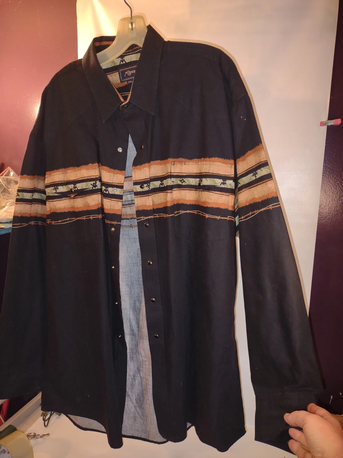 Roper Mens 2XL Black Pearl Snap long Sleeve outdoor shirt rodio western VTG