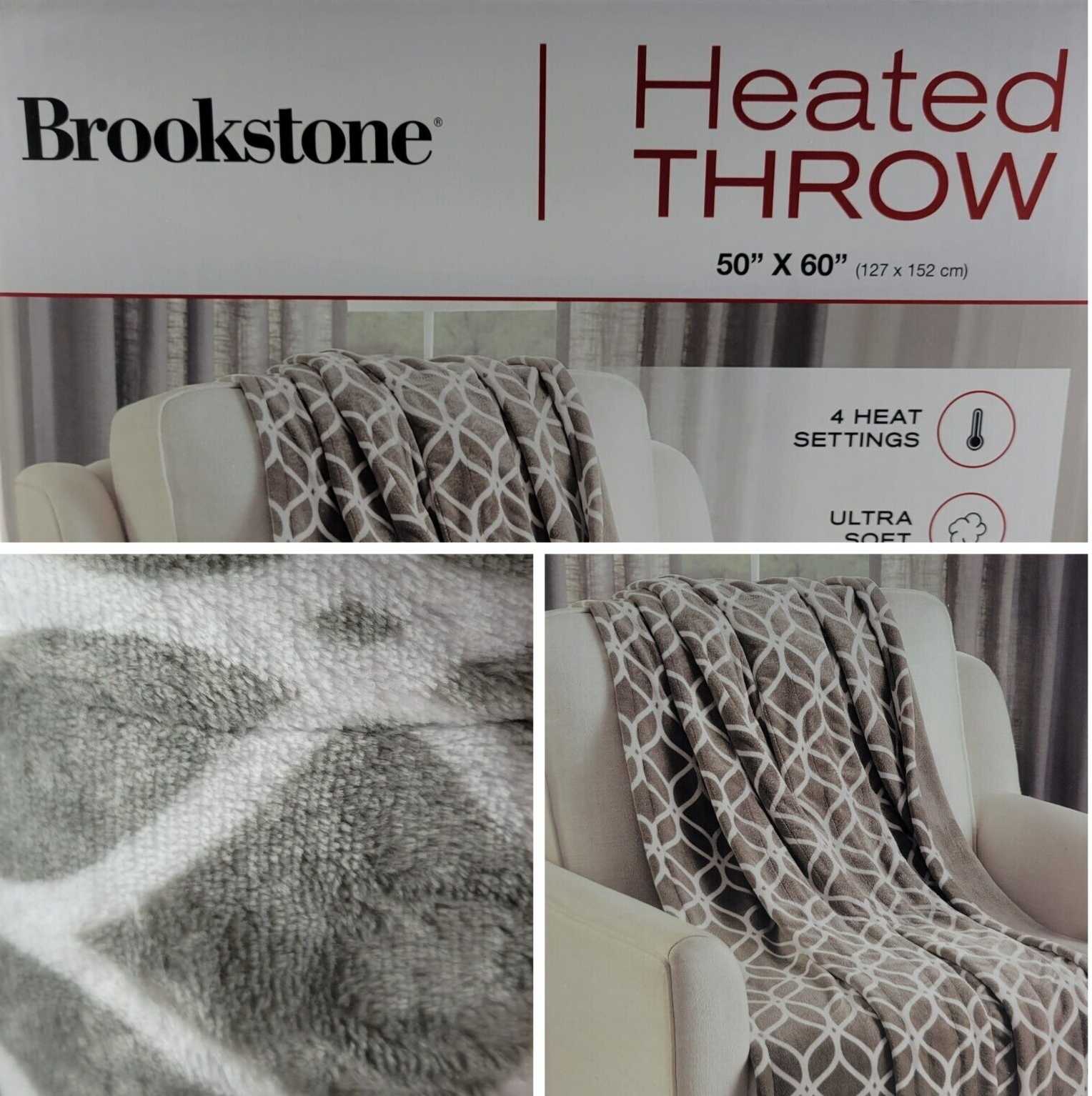Brookstone 50 x 60 Electric Heated Throw Built-In Remote 4 Heat Settings  Gray | eBay