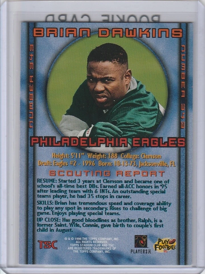 BRIAN DAWKINS ROOKIE CARD 1996 Topps Stadium Club FOOTBALL EAGLES Draft TSC RC! - Image 2 of 2