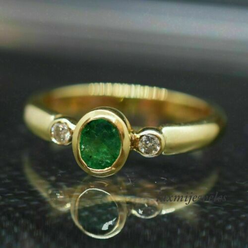 14K Yellow Gold Over 1.46CT Oval Cut Real Emerald 3-Stone Engagement Ring Women - Picture 1 of 8