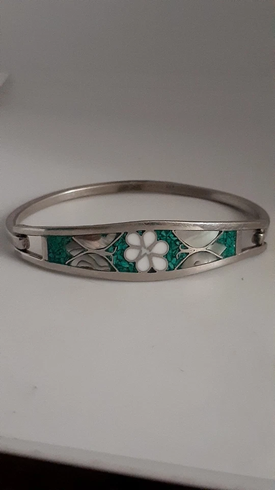 Vintage Mexico Alpaca Silver Hinged Bracelet Abalone Inlay Flower Butterfly  - Image 3 of 4