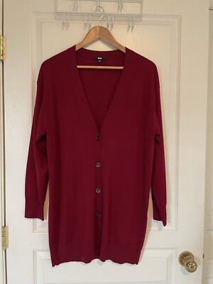 UNIQLO Cherry Red Wool Cardigan Lightweight Button Up V-Neck