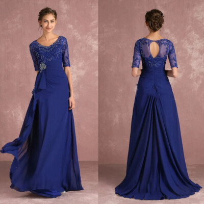 Navy Blue Mother of the Bride Dress V Neck Appliques Backless Chiffon Party Gown