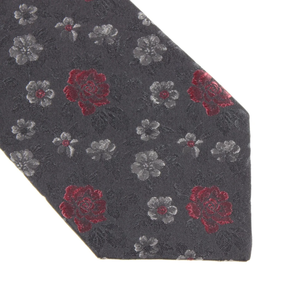 Gravata Kiton nova sem etiquetas 100% seda sete dobras cinza com flores rosadas vermelhas/brancas - Imagem 2 de 4