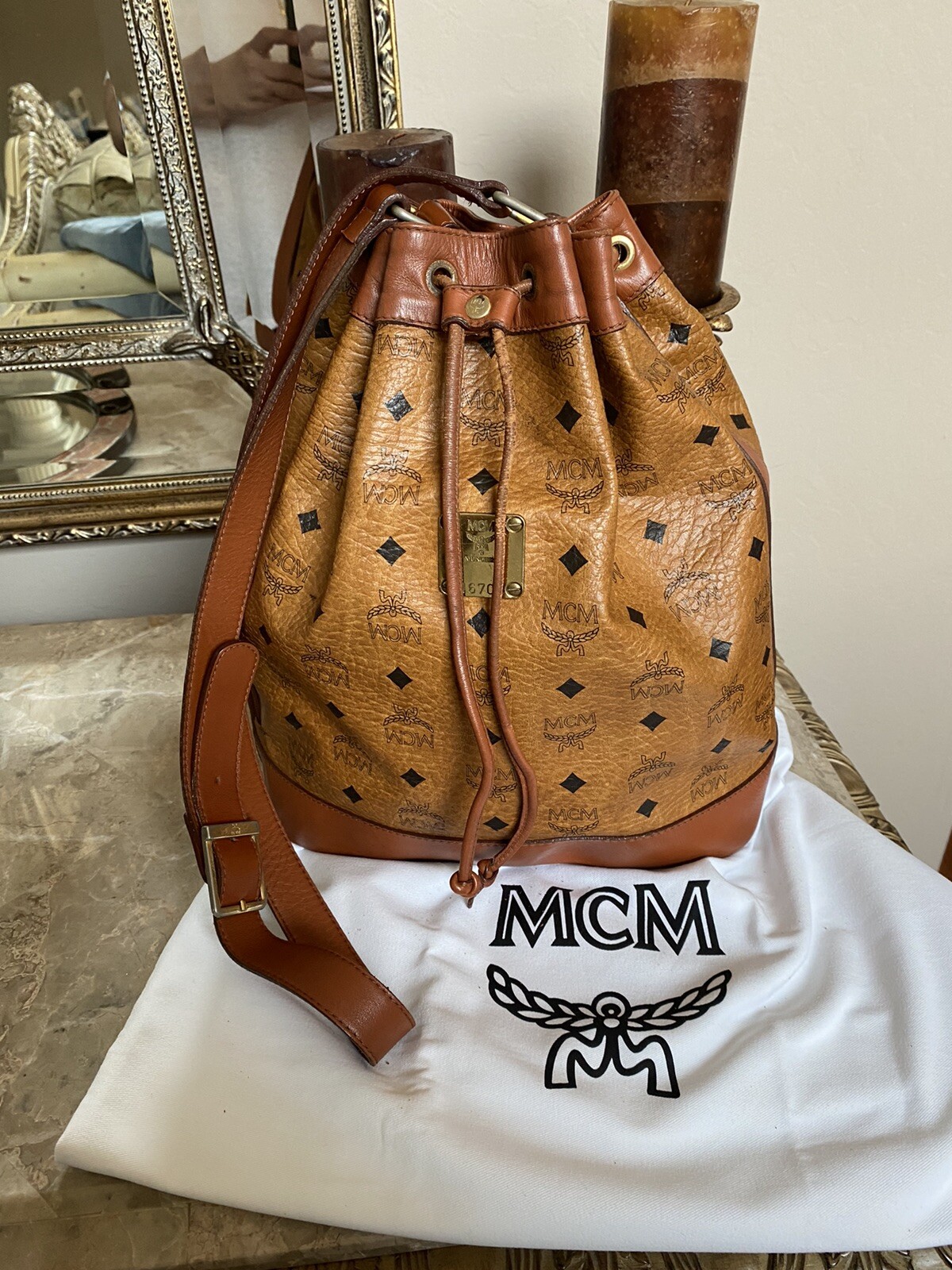 mcm millie top zip shoulder bag in visetos