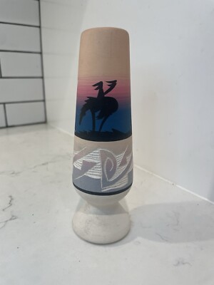 Vintage Navajo Signed 6  Bud Base Southwestern Pink Ceramic Hand Painted Etched