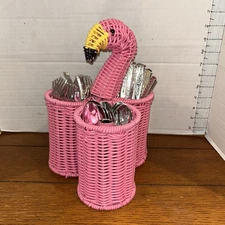 Flamingo  Plastic silver Flatware & Container Basket Organizer 10” Pink Wicker