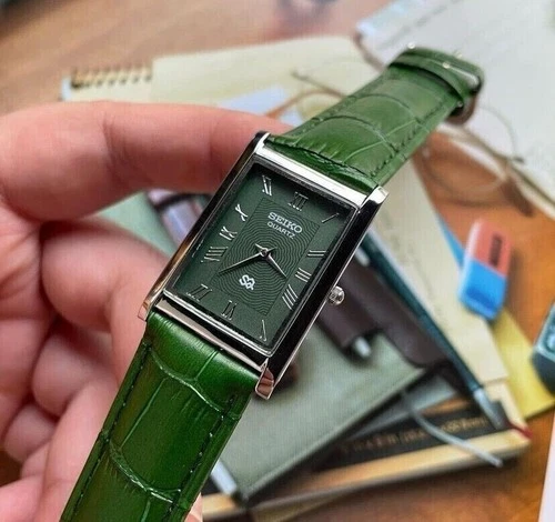 Vintage Seiko Slim Tank Quartz Men Green Dial Dress Watch-Free DDP Shipping