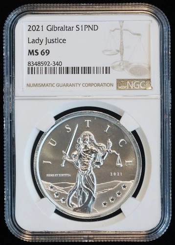 2021 Gibraltar Silver 1 PND Pound Lady Justice 1ozt Fine (NGC MS69 MS 69) 