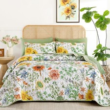 Yiran Floral King Quilt Bedding Set Sage Green Sunflower 3 PC