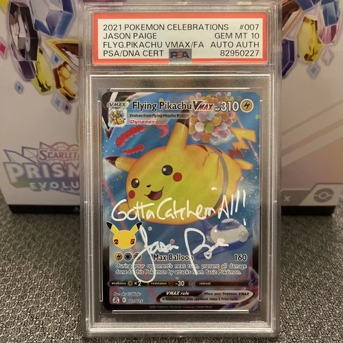 Pokemon Autographed Jason Paige Celebrations Flying Pikachu VMAX #007 PSA 10