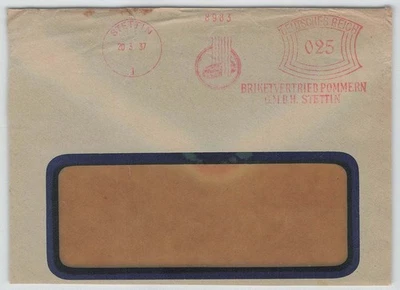 D. Reich Freistempel-Vorderseite STETTIN 1937 Brikettvertrieb Pommern [535] - Bild 1 von 2