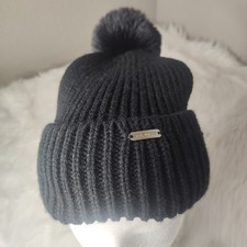 Steve Madden Black Knit Beanie Hat with Black Pom Pom Women