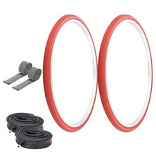 PRO BICYCLE TIRES 26 X 1-3/8 ALL RED P-148 SLICK W/HEAVYDUTY TUBES, RIM STRIPS