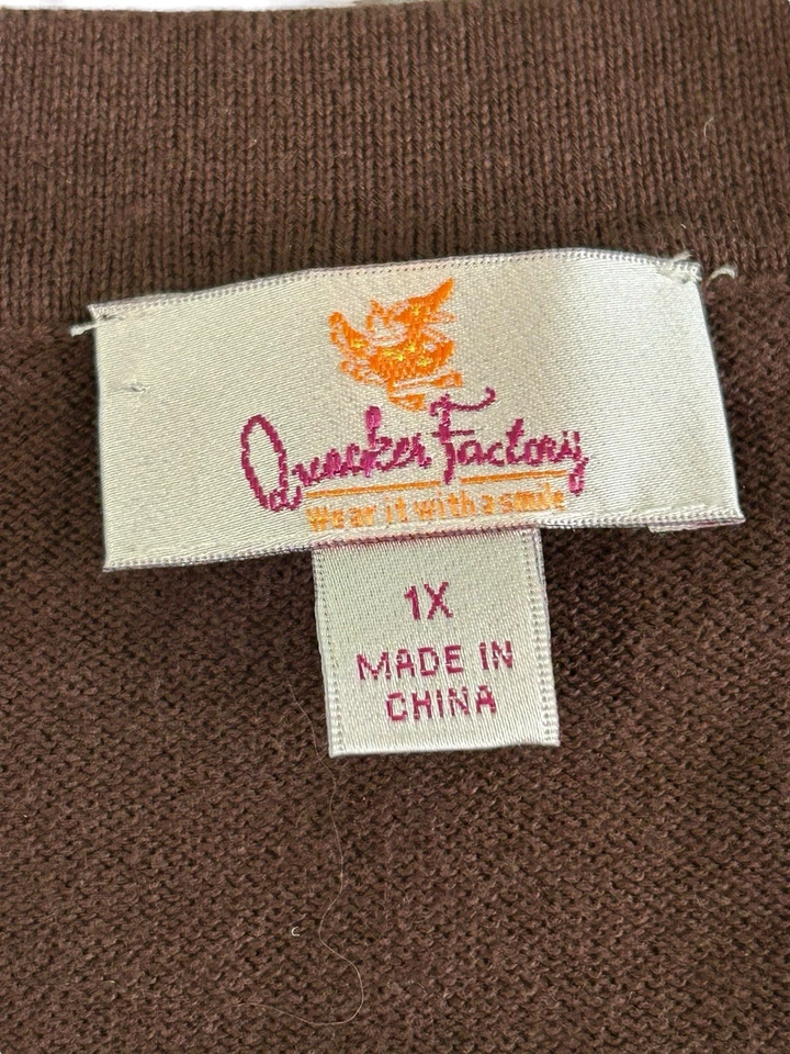 Cárdigan con botones 100 % algodón manga 3/4 Quacker Factory para mujer talla 1X marrón Foto 3 de 4