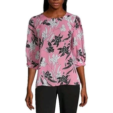 Worthington Floral Print Blouse Women's Size XS Pink 3/4 Sleeve Keyhole Neck