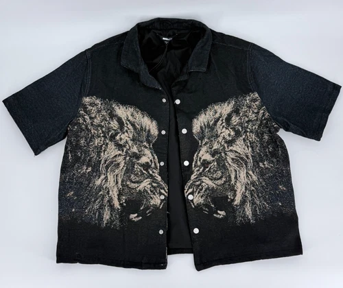 Novamen Tapestry Lion Jacket L Woven Graphic Black Denim Look Streetwear Shacket image 6