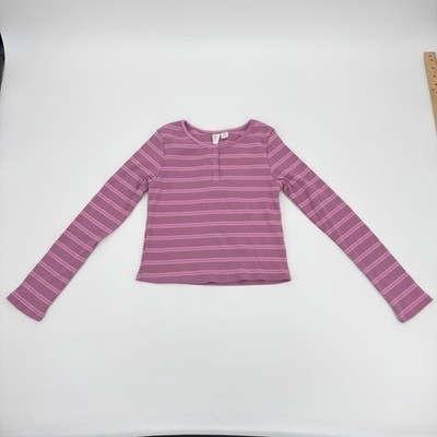 Roxy Girls Pink Purple Striped Ribbed Long Sleeve Henley Top Size L 12/14