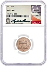 2017 P Lincoln Cent NGC MS67 RD Lyndall Bass Signed Flag Label