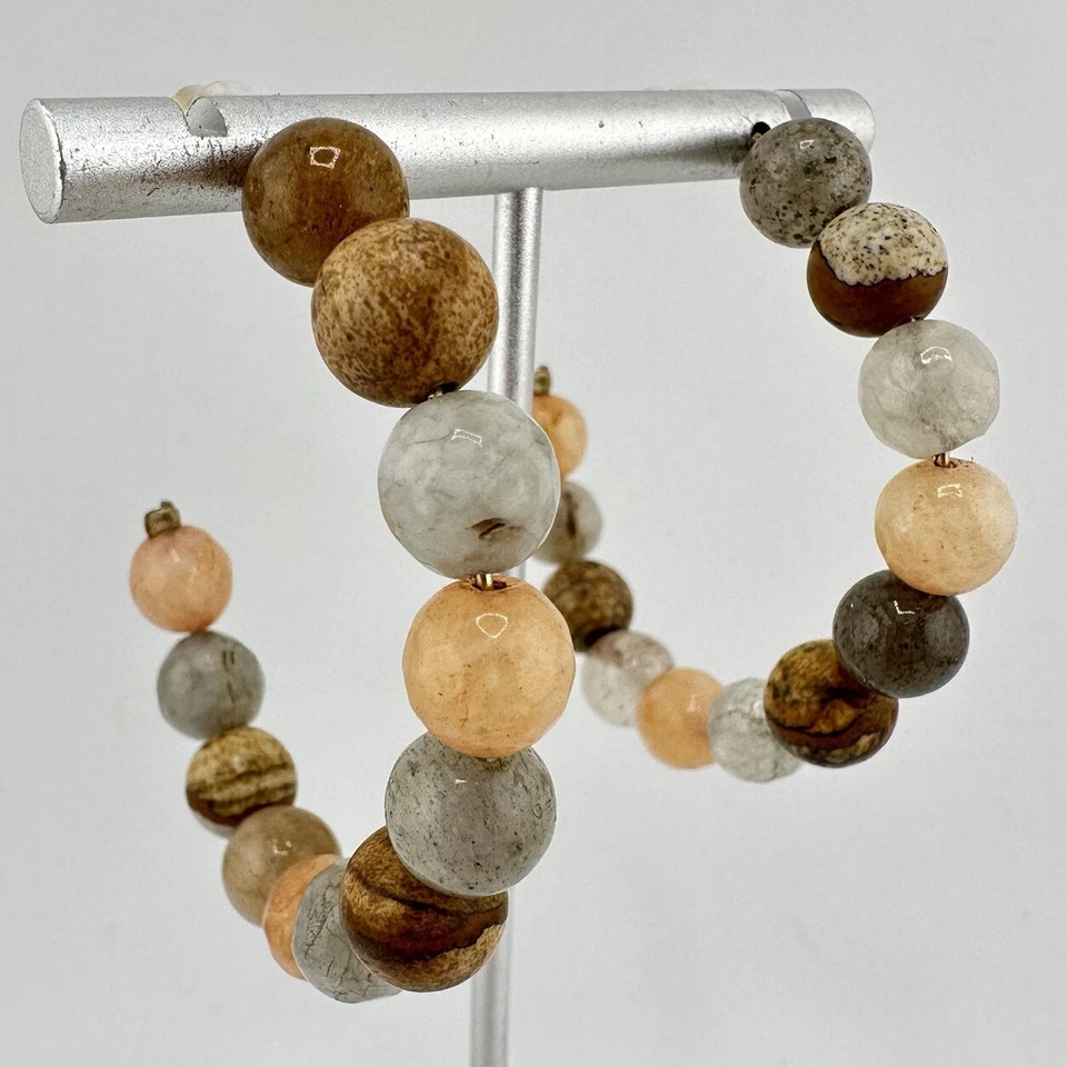 1.75” Gold Tone Natural Stone Agate Jasper Quartz Beaded C-Hoop Earrings - Image 2 of 4