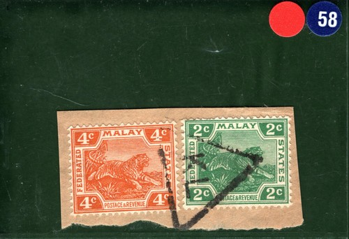 MALAYA FMS Stamps {2} 4c 2c TIGER *KL* TRIANGULAR Cancel Used Piece RBLUE58 - Picture 2 of 4