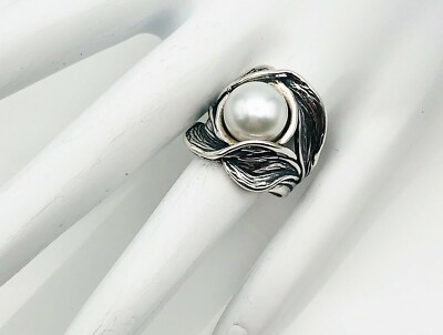 Or Paz PZ Israel Sterling Silver 925 Pearl Wavy Leaves Ring Size 1/2 